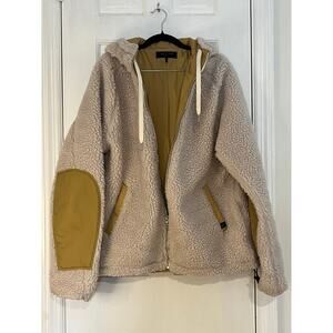 Rag & Bone Men’s Reversible Teddy Fleece Jacket | Tan Sherpa Hooded Parka | L